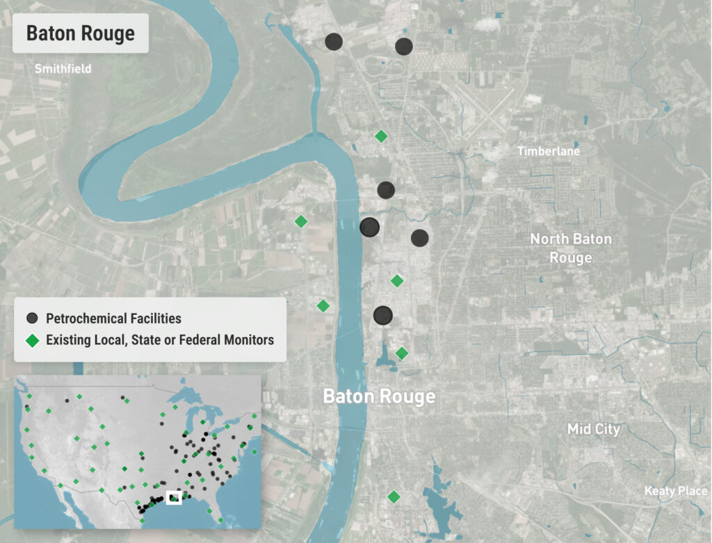 A map of Baton Rouge showing monitors that are not located near enough to petrochemical facilities.