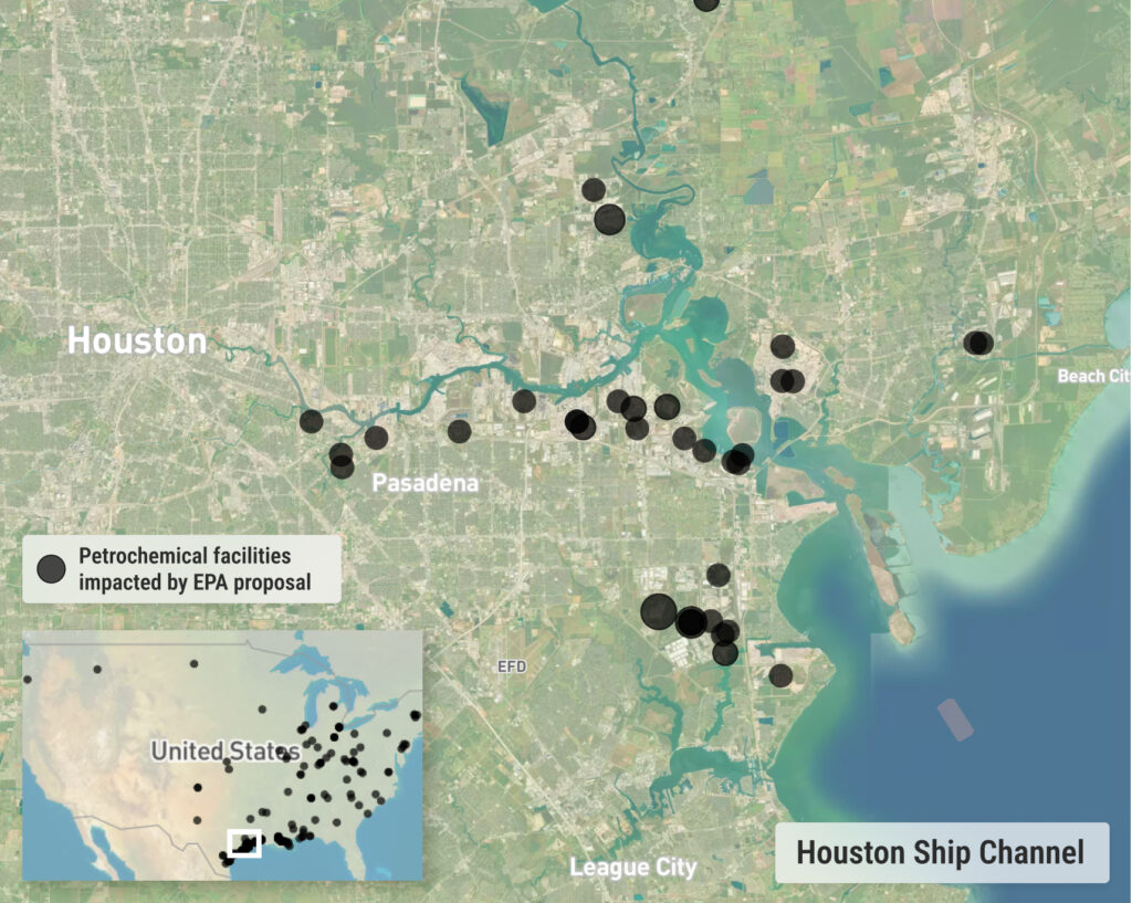 A map of the Houston Ship Channel showing facilities in proximity to residences.