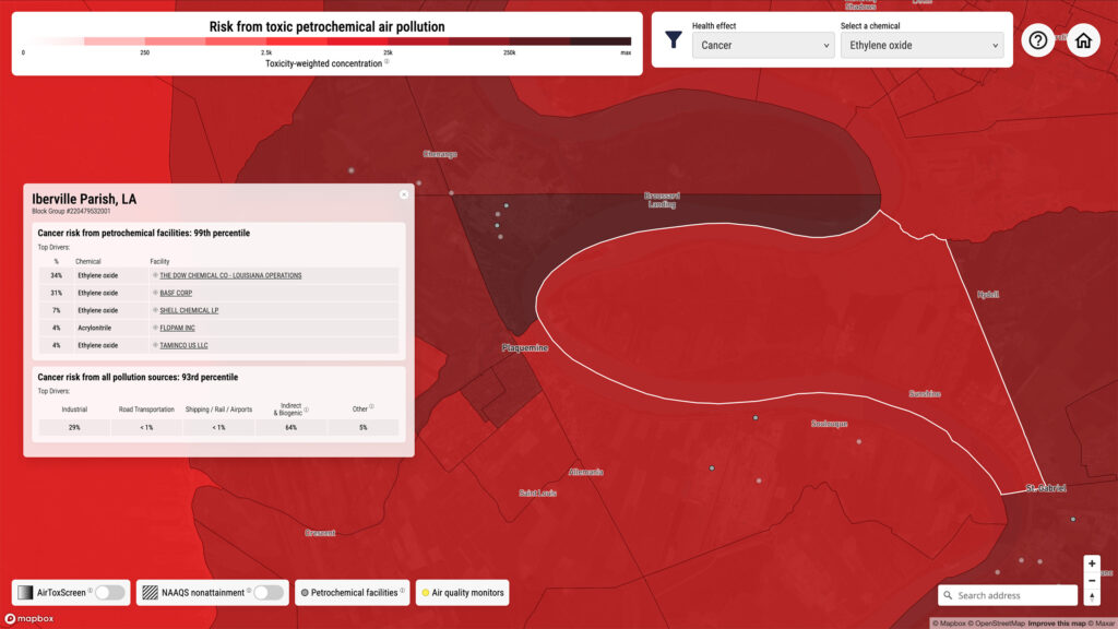 Petrochemical Air Pollution Map zoomed in with Iberville Parish selected.