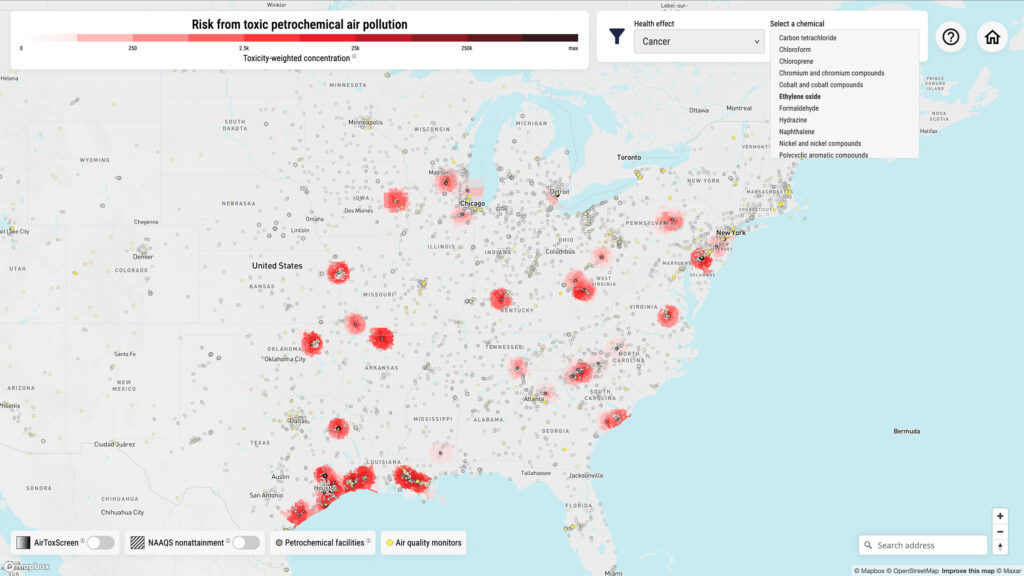 Screen grab of air pollution map showing an individual chemical selected.