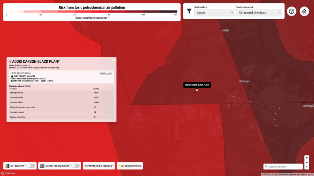 Petrochemical Air Pollution Map with a facility selected.