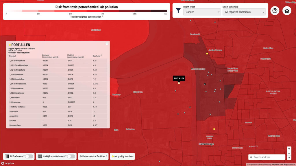 Petrochemical Air Pollution Map with a monitor selected.