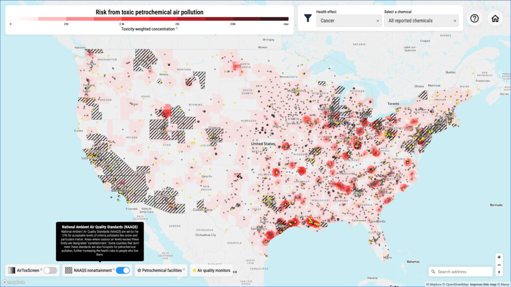 Screen grab of the petrochemical air pollution map showing the NAAQS overlay.